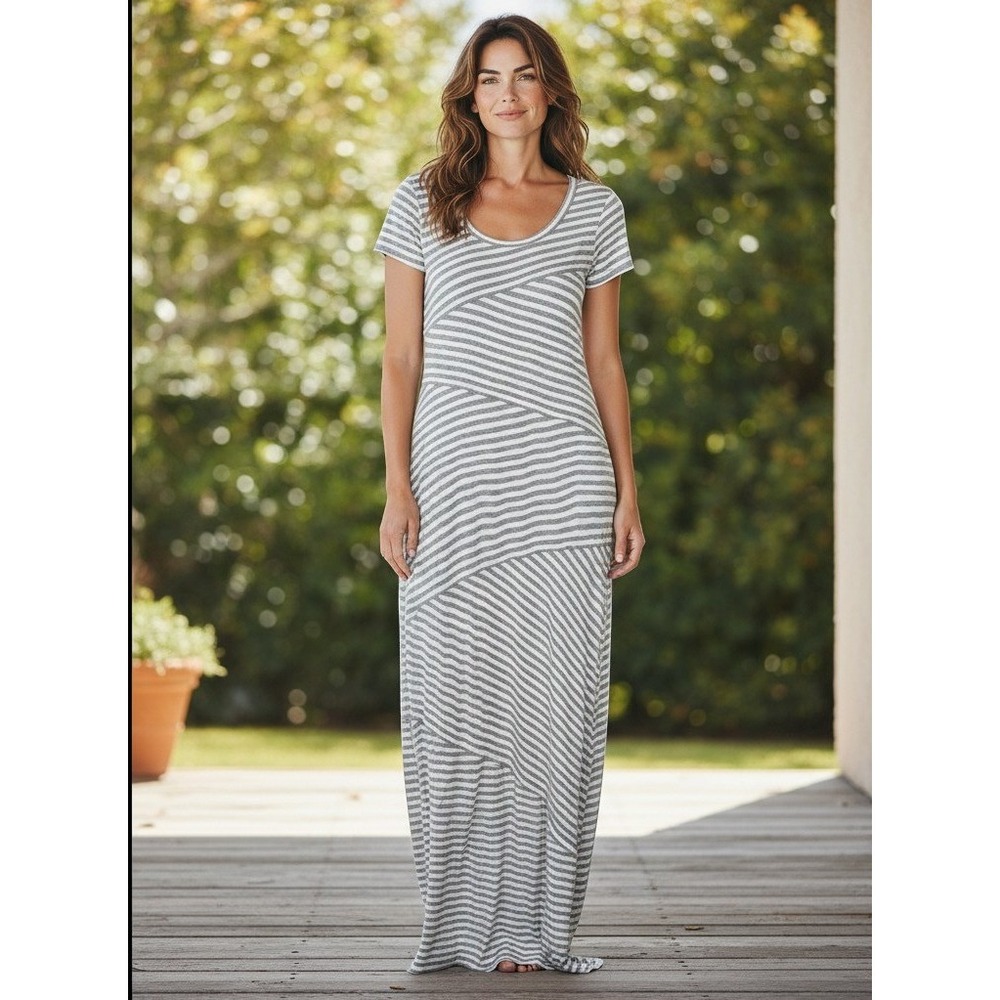 Studio M Striped Gray White Maxi Dress Dresses XS Cap Sleeve Womens Ladies
